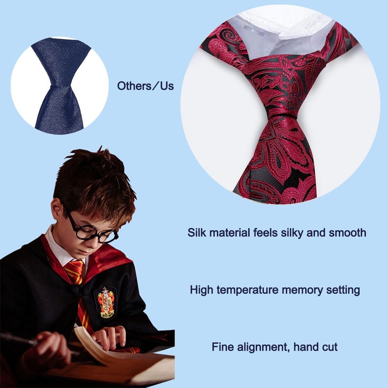 Barry.Wang Store Boy's Necktie Regular Silk Woven Stripe Solid Tie Pocket Square - Image 3